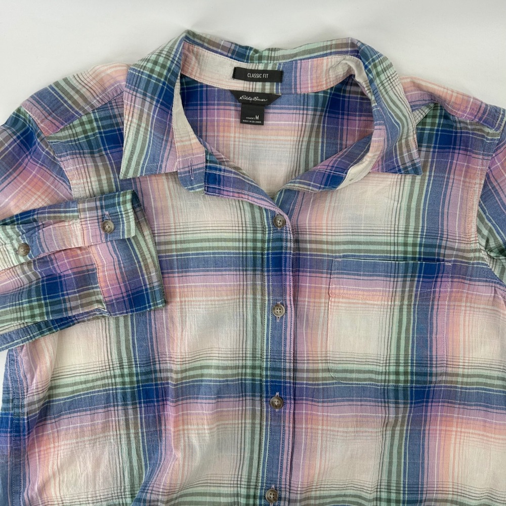 Eddie Bauer Button Down Shirt Womens M Multi Color Plaid Classic Fit Casual